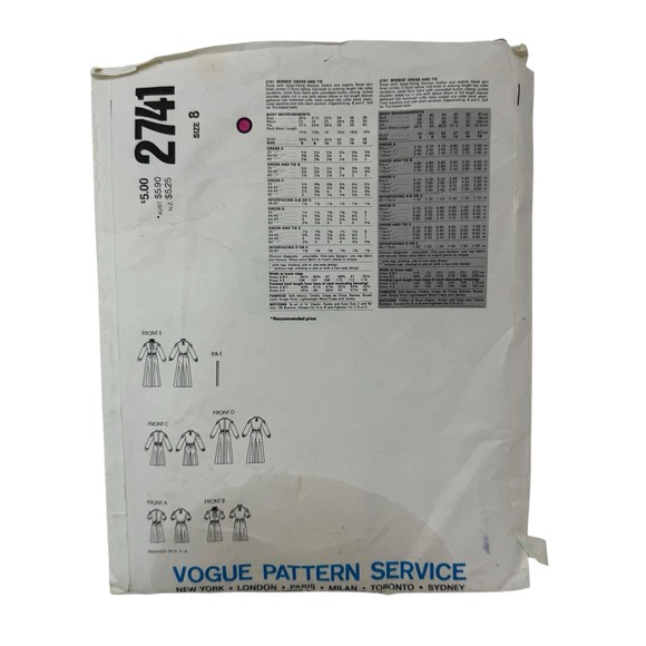 Vogue 2741 Sewing Pattern Dress Gown Tie Size 8 UC VTG Loose Maxi Below Knee - Picture 2 of 4